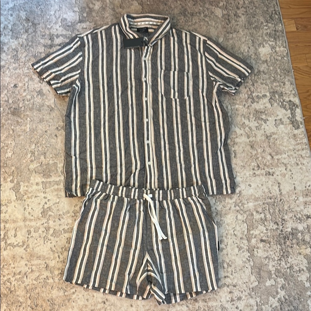 Little Bipsy Men’s Linen Button-Up & Shorts Set - Charcoal Stripe - XXL